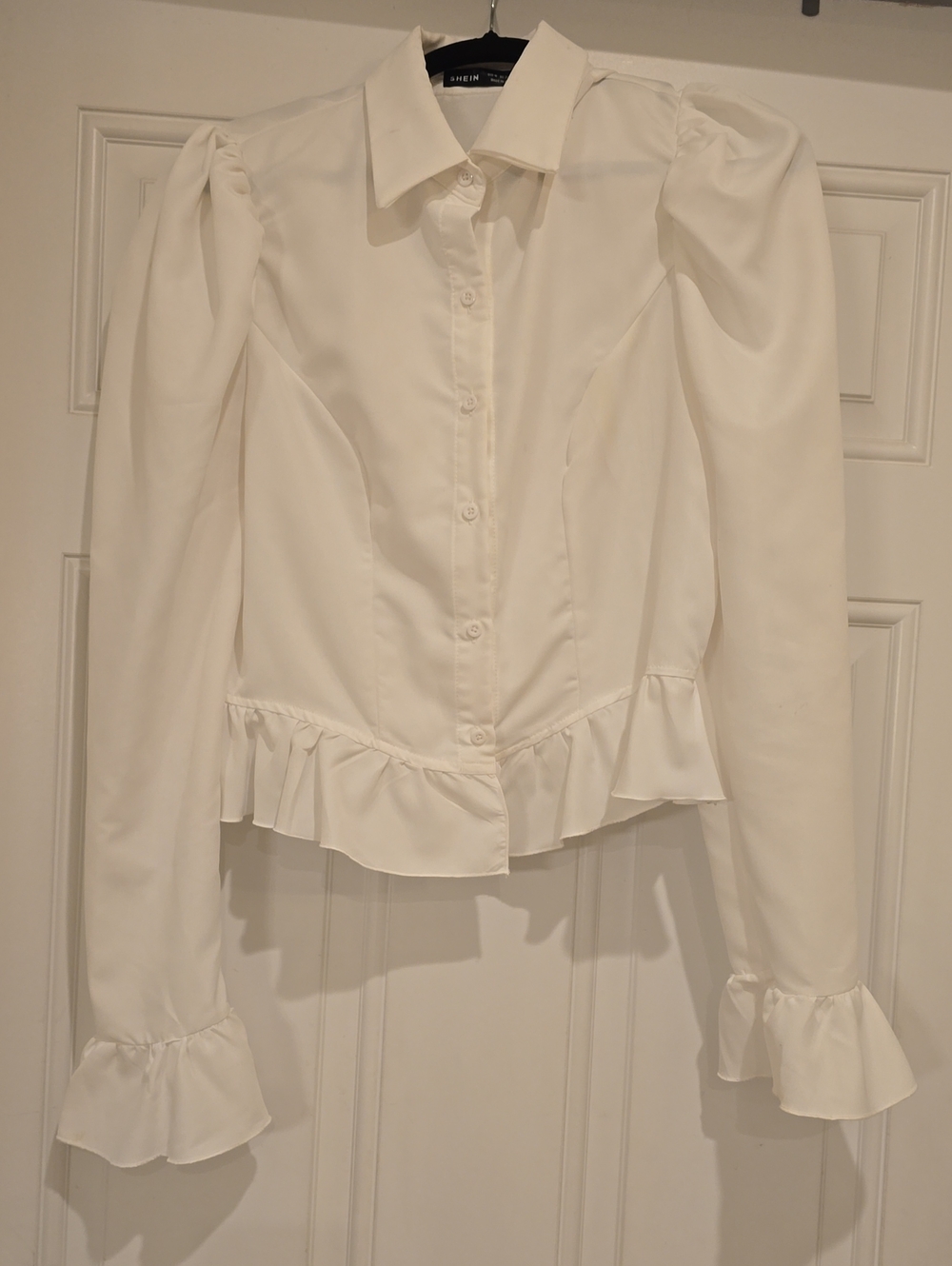 SHEIN Cream Ruffle Trim Button-Down Blouse